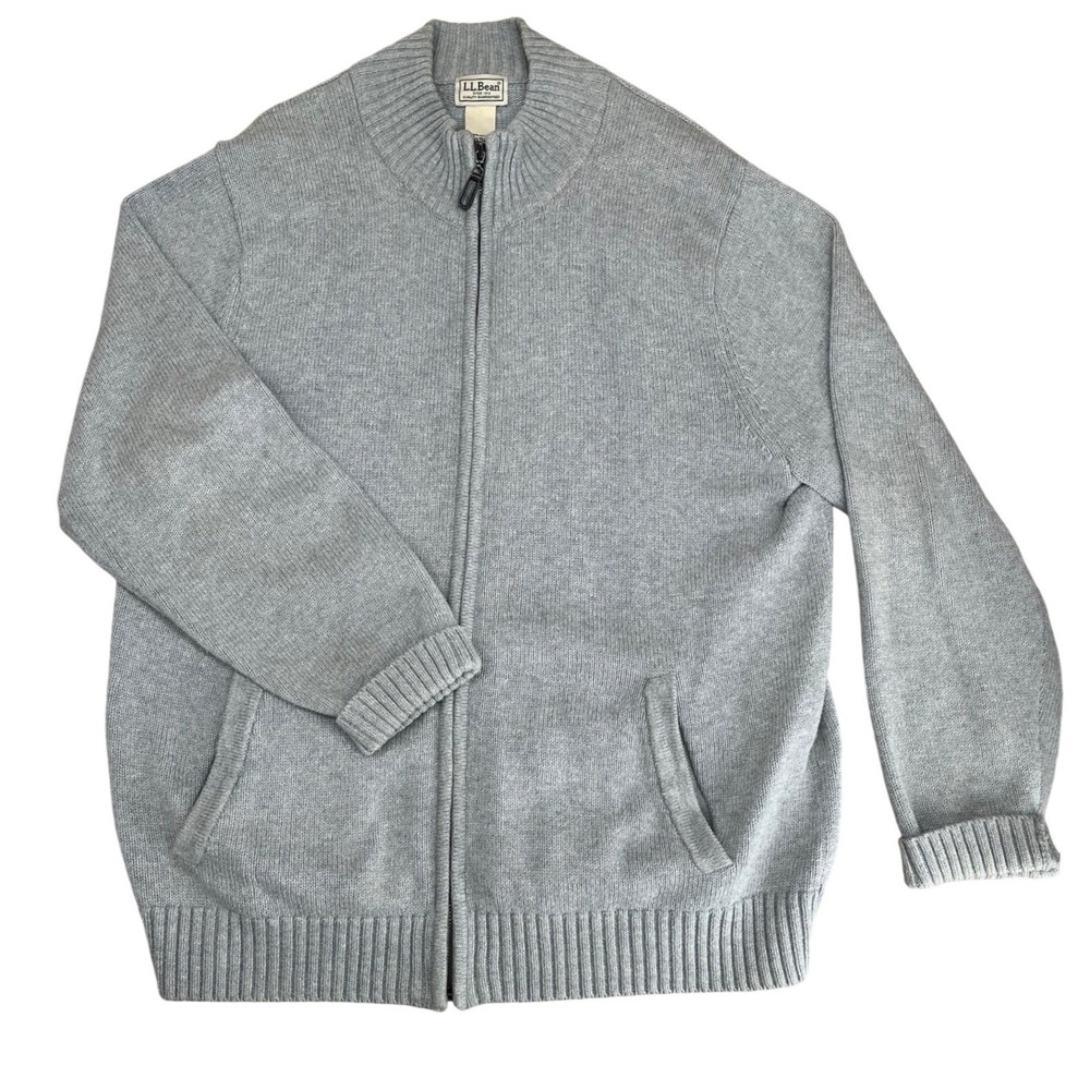 LL Bean Full Zip Cardigan Sweater Mens Large Gray Cotton Mock Neck